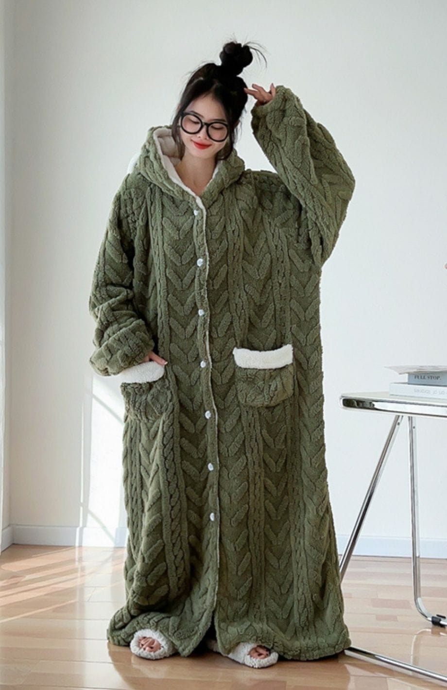 Robe De Chambre Femme Polaire Longue Grande Taille | POLAIRE studio® VERT MILITAIRE / 4XL